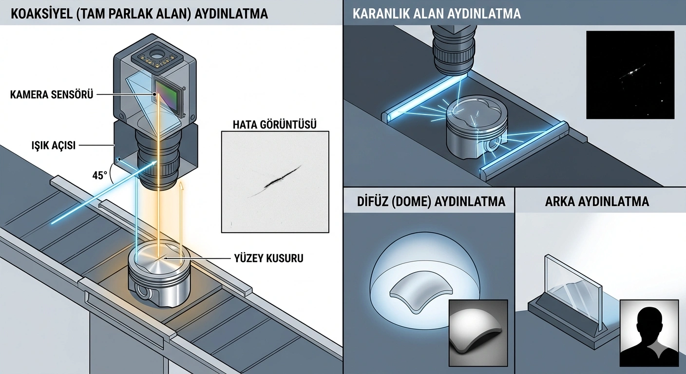 Endüstriyel Yapay Görme Kameraları Sistemlerinde Metalik Yüzeylerdeki Kusurları Yakalamak Için Kullanılan Eksenel Ve Kubbe Aydınlatma Yöntemlerinin Teknik Çalışma Şeması.