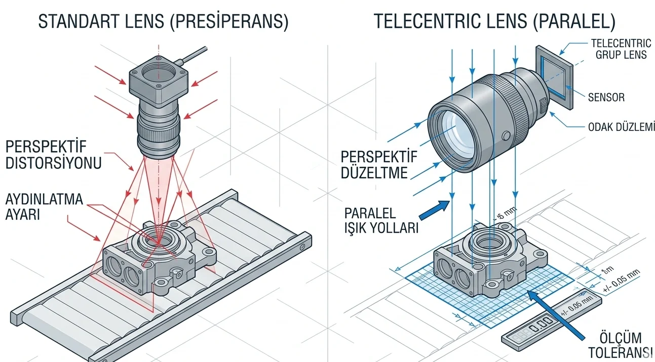 Temassız Metroloji Sistemlerinde Perspektif Hatalarını Engellemek Için Kullanılan Teleteğetsel Lens Çalışma Mantığı Ve Ölçüm Toleransı Şeması.